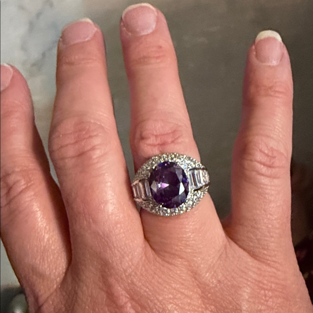 Simulated Purple & White Diamond Waterfall Ring in Silvertone - Picture 6 of 10